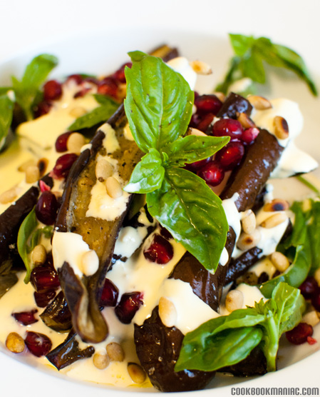 Roasted Eggplant with Saffron Yoghurt by Ottolenghi yotam pomegranate aril garlic yogurt salt greek aubergine pine nuts lemon juice