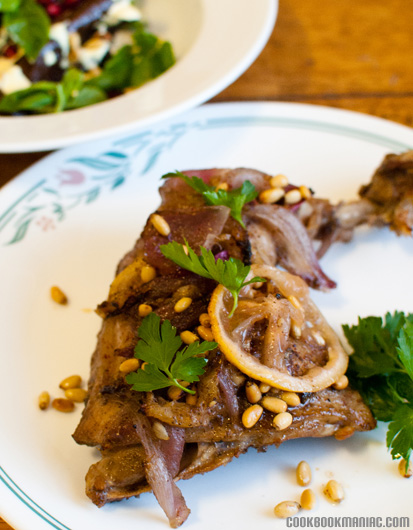 Roast Chicken with Sumac, Za'atar and Lemon by Ottolenghi red purple onion garlic olive oil allspice cinnamon stock salt black pepper zaatar za atar butter pine nuts yotam parsley cookbook free range organic